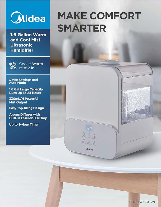 Midea 6L (1.6 Gal) Warm & Cool Mist Ultrasonic Humidifier, Top Fill Design, Smart Humidity Control with Auto Mode, 24-Hour Runtime, Essential Oil Tray, Timer & Night Light, White