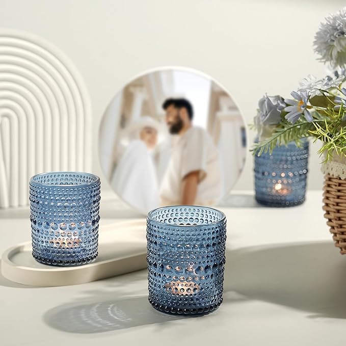 12 Pack Large Votive Candle Holders, 2.7 * 3.5in Blue Tea Light Candle Holder for Votives, Tealights & Pillar, Glass Candle Holders for Table Centerpiece Wedding