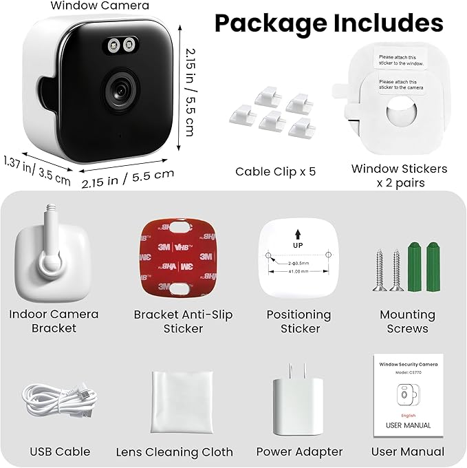 2K Window Camera with 32GB Memory Card, 5GHz & 2.4GHz WiFi Indoor Cameras for Home Security with AI Starlight Color Night Vision, AI Person & Motion Detection, Easy & Quick Install, 24/7 Recording