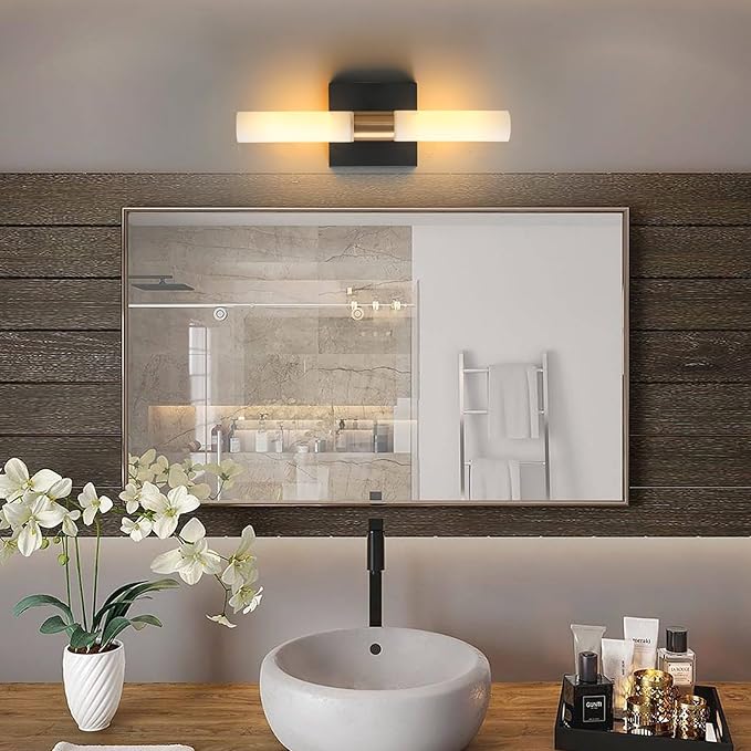Wall Sconces Set of Two Black and Brass Wall Lights with White Frosted Glass Shade Modern Wall Lamp for Bathroom Living Room Indoor Vanity Up and Down Sconces Wall Lighting for Hallway