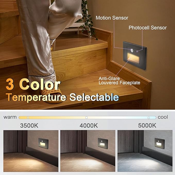 4-Pack Horizontal LED Step Lights, Motion Sensor & Dusk to Dawn, IP65 Waterproof, 3000K-5000K Adjustable, Anti-Glare Louvered, 3W 120V Stair Lights Indoor Outdoor, Bronze, ETL Certified