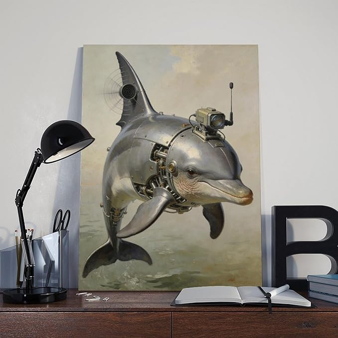 Framed Steampunk Mechanical Dolphin Wall Art - Marine Retro-Futuristic Poster for Beach House Living Room Decor 24x36inch(60x90cm)