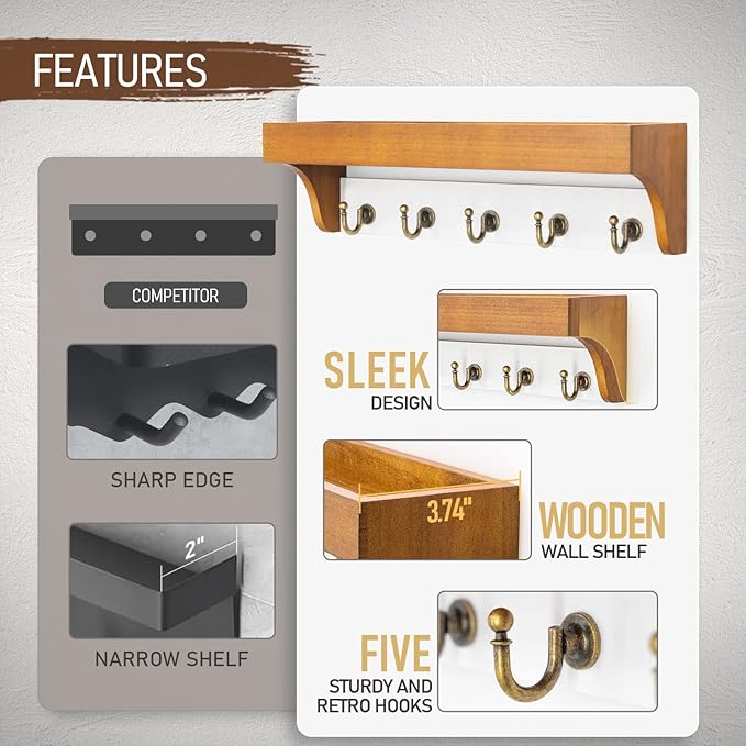 Rebee Vision Key and Mail Holder for Wall with Floating Shelf : 14 Inches Decorative Hanging Organizer with 5 Sturdy Keys Hooks and Wall Mount Key Rack - Farmhouse Entryway Decor (Light Brown & White)