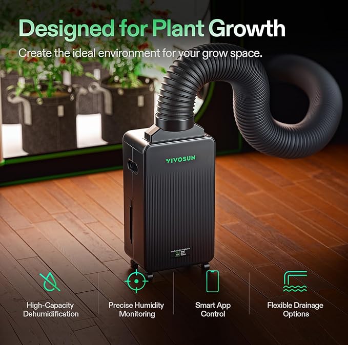 VIVOSUN AeroDrain D12 Smart Environmental Dehumidifier, up to 12L/day, 2L Water Tank, with Temperature & Humidity Sensor Probe, Smart Remote Control, Designed for Grow Tents