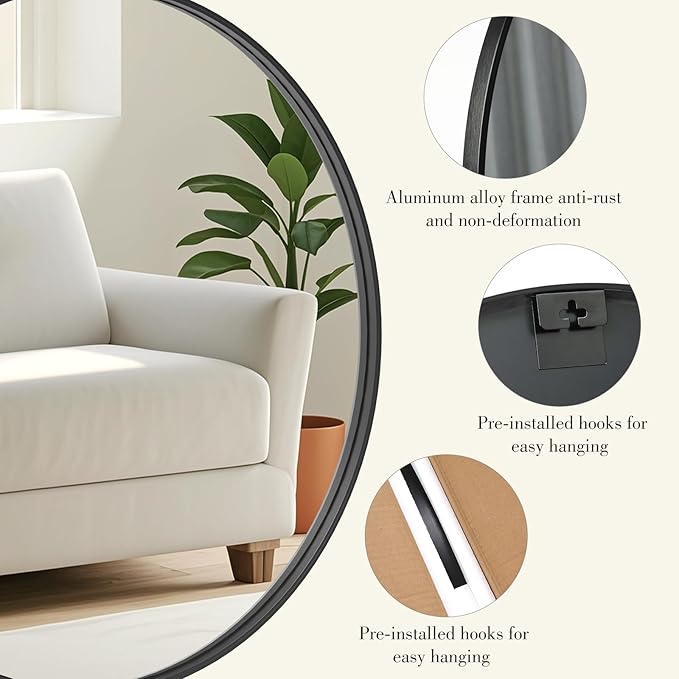 DUMOS Black Circle Mirror for Wall 24.02 inch, Bathroom Round Mirror for Over Sink, Bathroom, Entryway, Bedroom, Vanity
