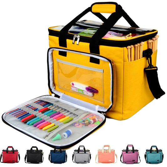 Hoshin Knitting Bag for Yarn Storage, High Capacity Yarn Totes Organizer with Inner Divider Portable for Carrying Project, Knitting Needles(up to 14”), Crochet Hooks, Skeins of Yarn (Yellow)