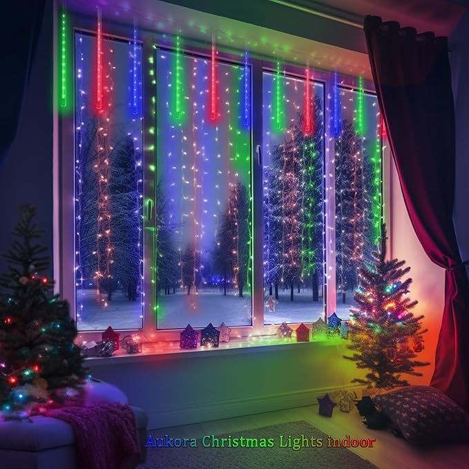 Aukora Christmas Lights Outdoor, 24 Tubes 576 LEDs Meteor Shower Light, Icicle Snow Falling Rain Lights for Xmas Tree Christmas Decorations Wedding Party Holiday Garden Decor, UL Plug (Multicolor)