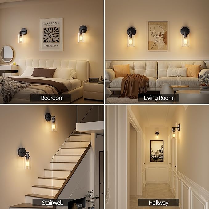GORDNWE Set of 2 Bathroom Wall Sconce, Matte Black Vanity Light, Modern Wall Light Fixture with Clear Glass Shade and E26 Bulb Base, Wall Lamp Wall Mount Light Fixtures for Mirror, Bedroom