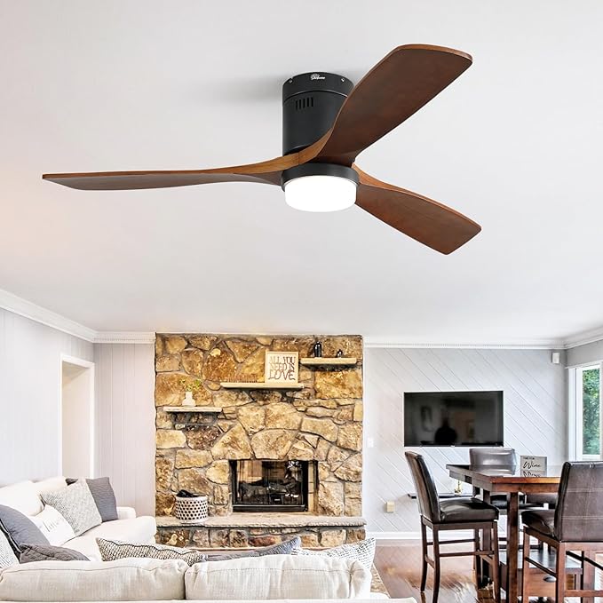 Sofucor 52 Inch Ceiling Fans with Lights, Flush Mount Ceiling Fan with Lights Remote Control, Indoor/Outdoor Ceiling Fan Light, Reversible DC Motor, 3 Blade Solid Wood Ceiling Fans for Bedroom Patio