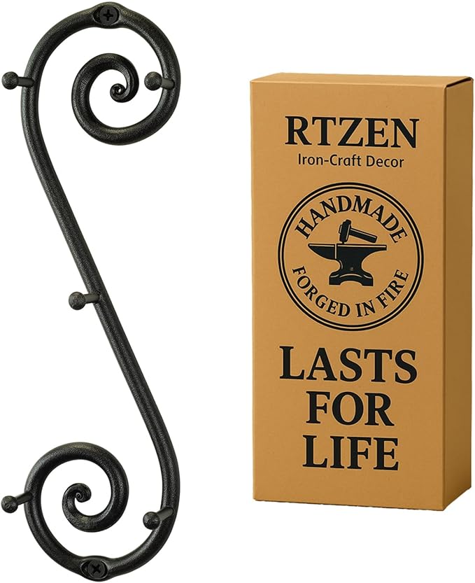 RTZEN Farmhouse Small Key Holder for Wall - Handcrafted Swirl Decorative 5 Key Hooks for Home Entryway - Wrought Iron Wall Mount Rack Purse Coat and Leash Holder or Organizer (Vertical Black)