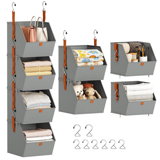 Homsorout Hanging Closet Organizer 4 Tier - Clothes Hanging Shelves, Space-Saving Closet System, Fabric Storage Bins Bedroom Organization, Collapsible Baskets for Home, Dorm, Rv, Grey
