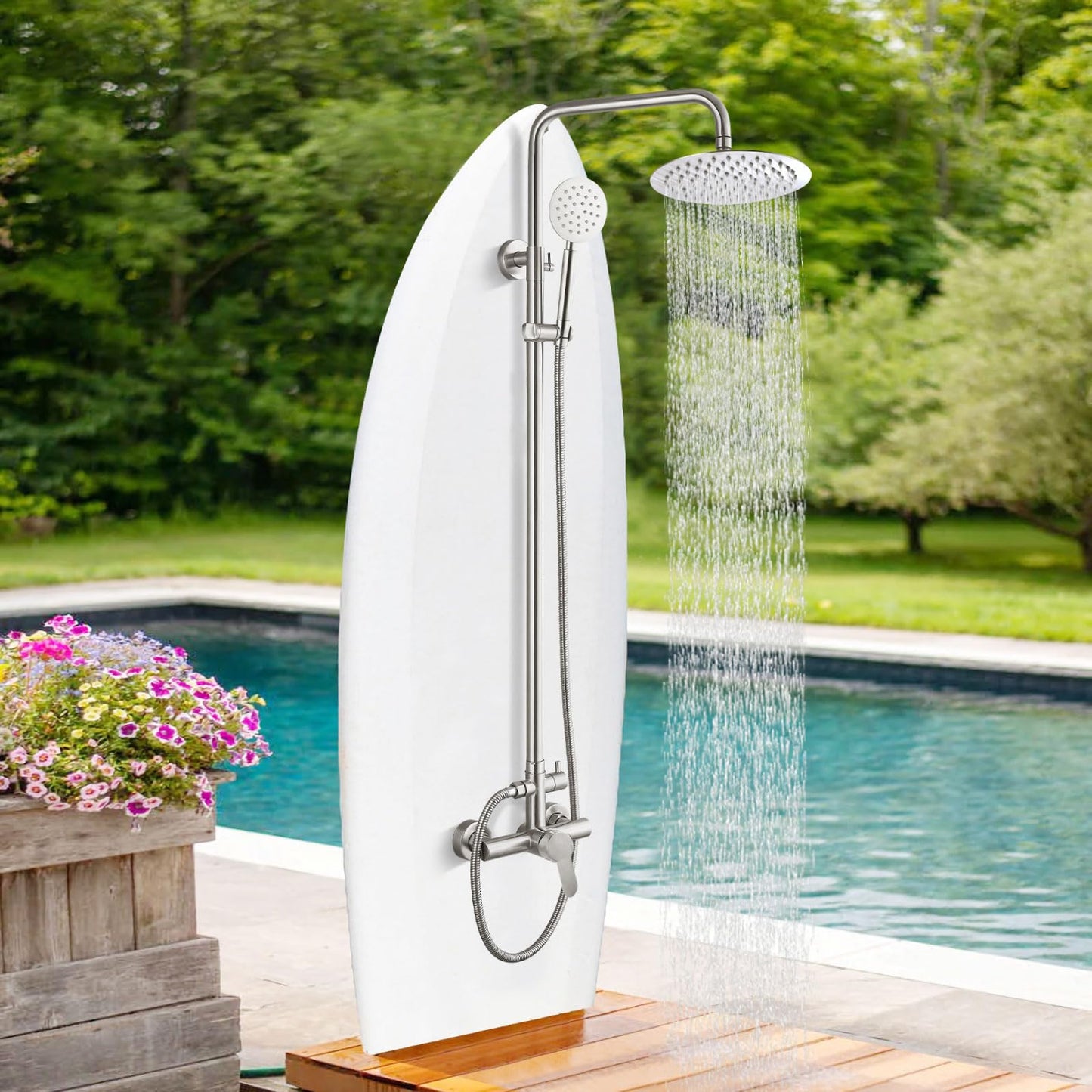 gotonovo SUS304 Outdoor Shower Fixture High Pressure Shower System Combo Wall Mount 2 Dual Function Shower Faucet Set Round Handheld Spray Brushed Nickel Single Handle