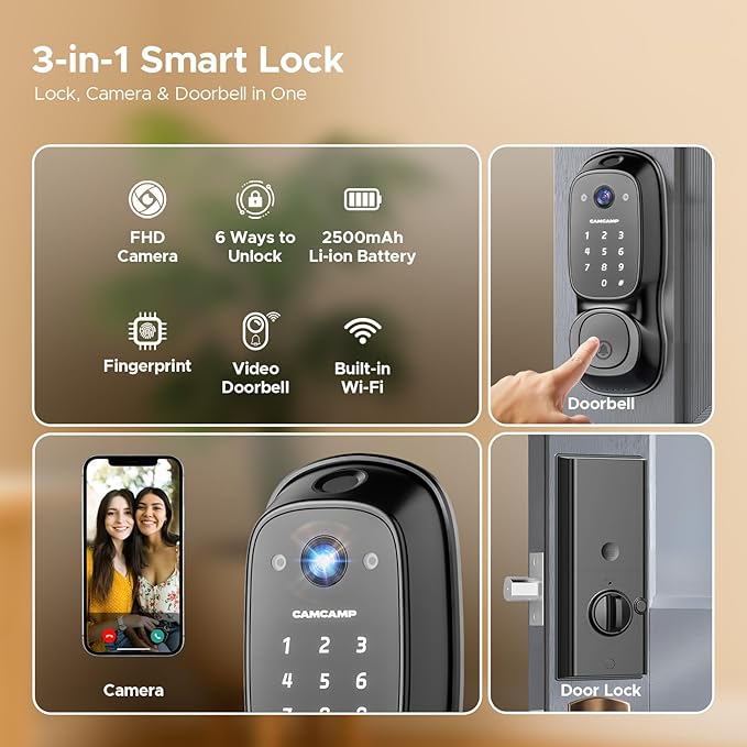 Smart Lock with Camera & Doorbell, 3-in-1 Smart Deadbolt for Front Door, Fingerprint Keyless Entry Door Lock with Live View, Video Smart Lock Built-in Wi-Fi, Auto Lock, Siri Unlock, IP66 Waterproof