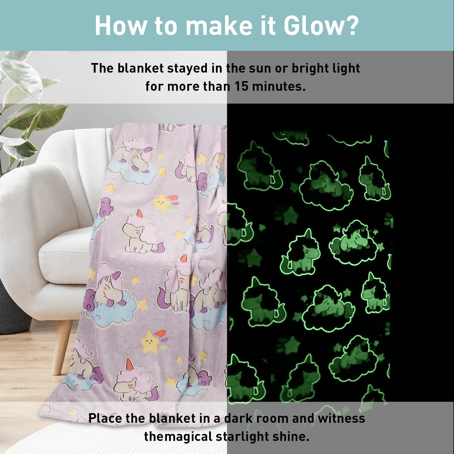 BYKOSY Glow in The Dark Blanket Unicorn Pattern for Unique Birthday Gifts for Girls Boys Teens, Lightweight Soft Cozy Warm Fuzzy 50"×60" Purple