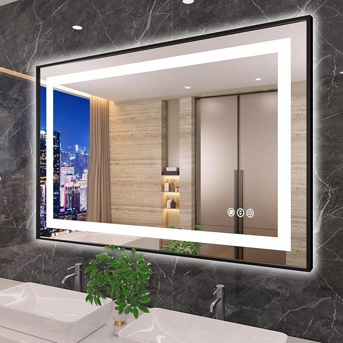 Amorho 48" X30" LED Mirror for Bathroom Black, Front Light and Backlit, Stepless Dimmable, Anti-Fog, Shatter-Proof, Memory, 3 Colors, Double LED Vanity Mirror