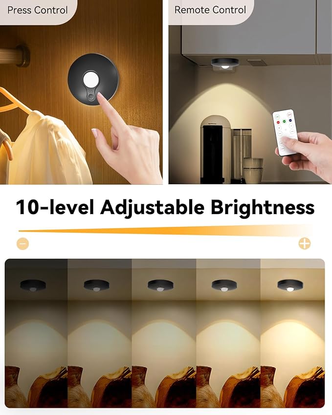 Rechargeable Puck Lights With Remote Control, 1500mAh Battery Operated Tap Lights, Dimmer & Timer Under Cabinet, Wireless LED Stick-On for Closet, Bedroom, Kitchen - Black 3Pcs