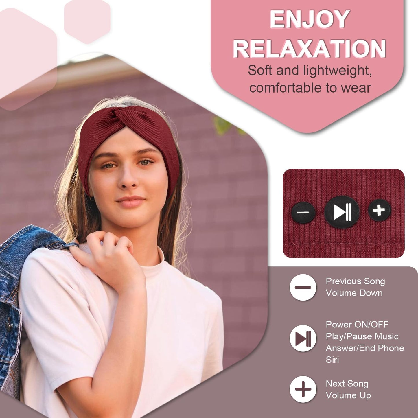 2-Pack Headband Headphones with Thin HD Speakers, Bluetooth Headband for Women, Stylish Knotted Design, Wireless Bluetooth Headphones for Workout, Daily Life, Yoga, Travel, Meditation - Red&Black