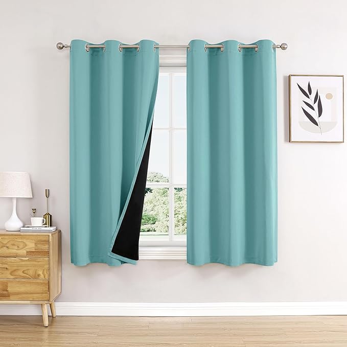 ChrisDowa 100% Blackout Curtains 45 inch Long for Bedroom with Black Liner, 2 Thick Layers Total Blackout Thermal Insulated Grommet Window Curtains 2 Panels Set (Aqua, 42 x 45 Inch)