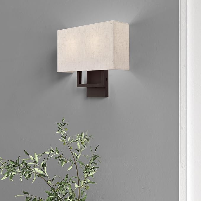 Livex Lighting 50994-07 Pierson Collection 2 Light Ada Wall Sconce, Oatmeal Fabric Outside, White Fabric Inside Hardback Shade, Bronze Finish