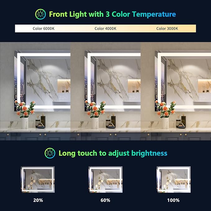 48x38 Inch RGB LED Bathroom Mirror Front Light and RGB Backlit Lighted Vanity Mirror for Bathroom Wall Mounted Dimmable Anti Fog Memory Shatter-Proof IP54 Waterproof Horizontal/Vertical