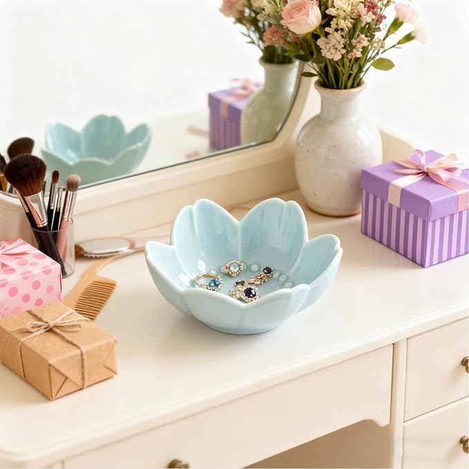 Flower Ring Dish Jewelry Tray, Ceramic Jewelry Dish, Cute Small Trinket Tray, Nightstand Bathroom Decor Ring Holder, Jewlery Plate Bowl for Christmas Friendship Birthday Gifts for Women Mom