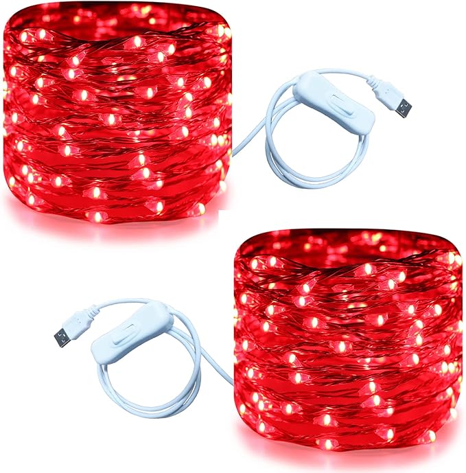 RUICHEN 20 Ft 120 LED USB Fairy String Lights with On/Off Switch, Waterproof Copper Wire Lights for Bedroom Wall Ceiling Wreath Crafts Christmas Party Mother's Day, Red, 2 Pack