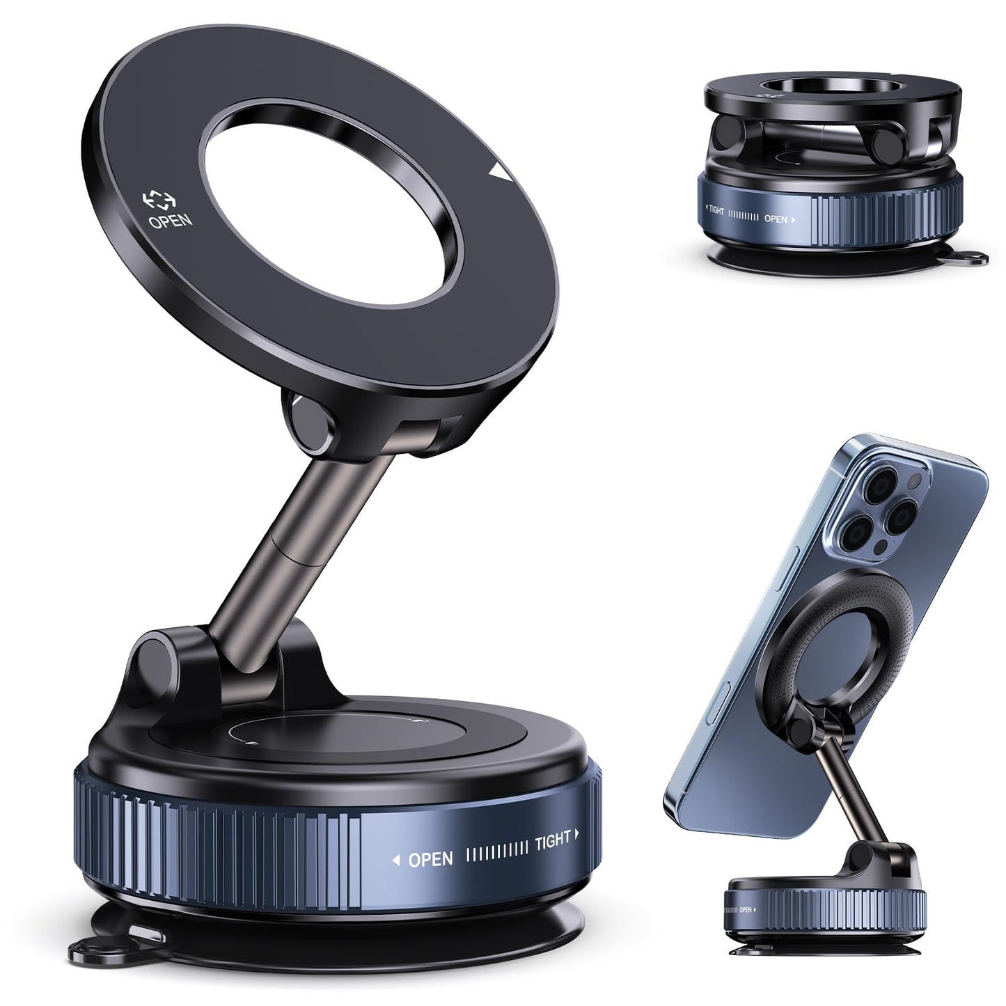 Jikasho Vacuum Magnetic Suction Phone Holder, Foldable and Retractable Hands-Free Suction Cup Phone Mount for Car/Gym/Mirror/Smooth Surface, Compatible with iPhone Android and All Smartphones (Black)
