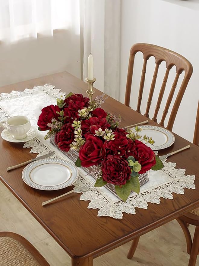 Flower Arrangement with Wooden Vase 14" Artificial Flowers in Pot - Fake Flowers Roses Peonies Hydrangeas in Wooden Vase Potted Artificial Flower Centerpieces for Table Decor Living Room - Red