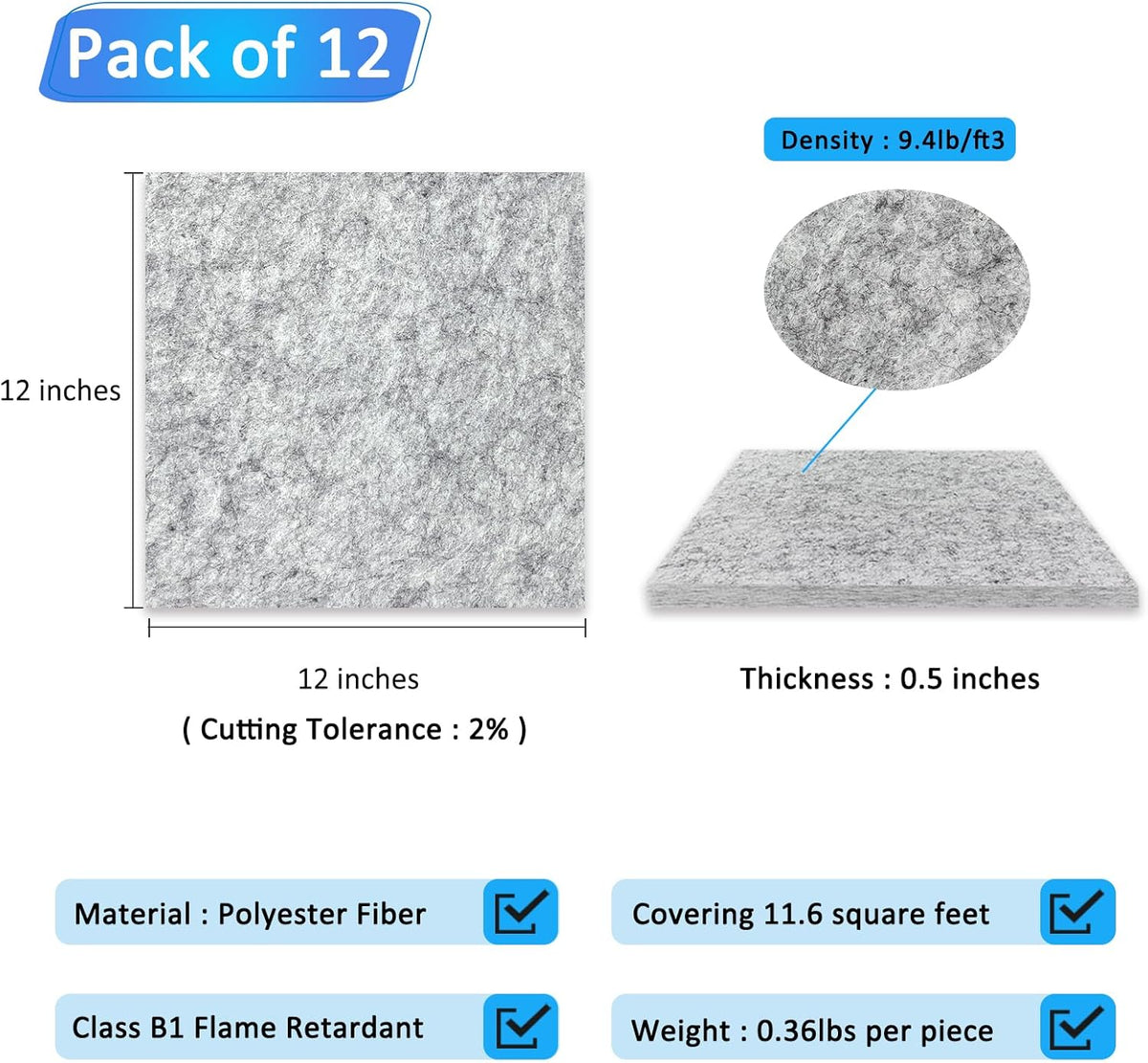 BXI Thickened Sound Absorbing Panels - 12 Pack 12 X 12 X 0.5 Inches Dense Acoustic Panels, Echo Noise Reducing Sound Panels, Tackable Studio Panels for Wall and Ceiling Acoustic Treatment