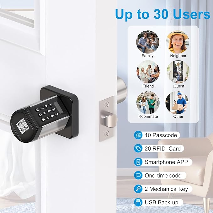 WELOCK WiFi Smart Door Lock, 5-in-1 Keyless Entry Doorknob with Auto-Locking, Bluetooth App Control,Password,2 Keys and IC Cards, Easy Installation for Bedroom,Home, Office(Black)