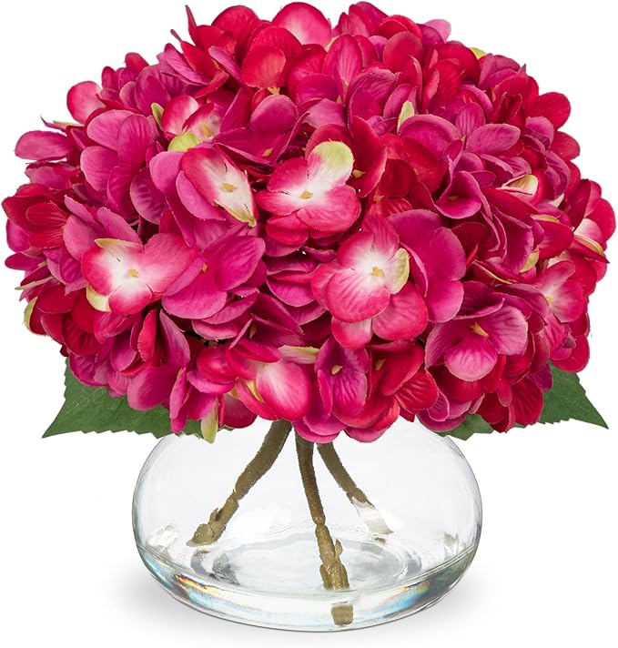 Hollyone Hydrangea Artificial Flowers with Glass Vase Fuchsia Silk Faux Flowers Arrangements in Vase with Faux Water Fake Floral Bulk Bouquet for Home Decor Table Centerpiece Decorations