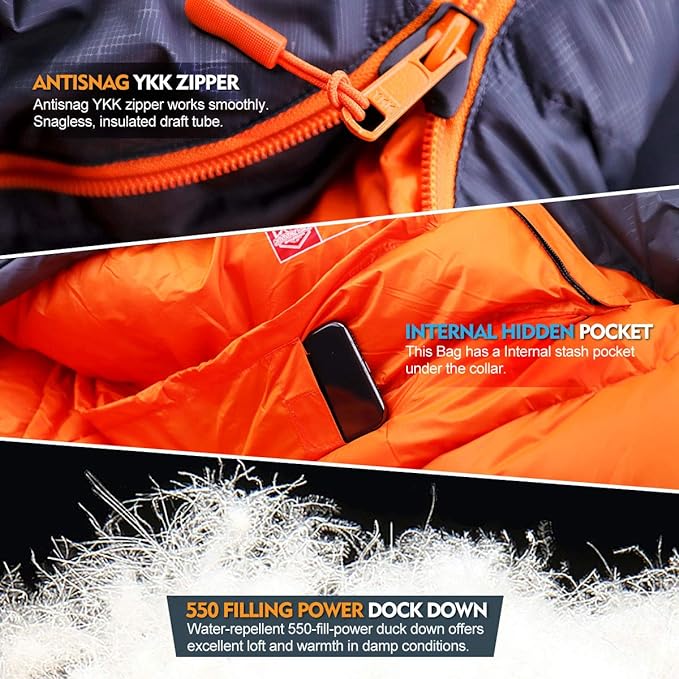 ZOOOBELIVES 10 Degree F Hydrophobic Down Sleeping Bag for Adults - Lightweight and Compact 4-Season Mummy Bag for Backpacking, Camping, Mountaineering and Other Outdoor Activities – Alplive D1500