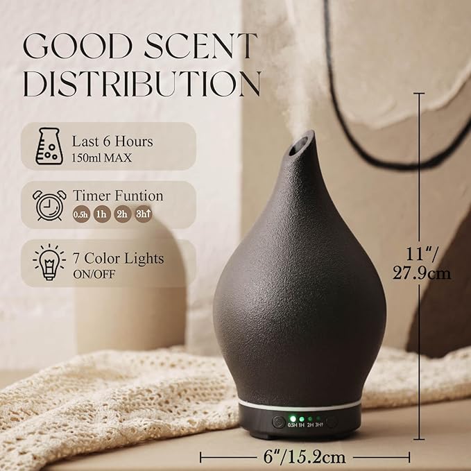 Porseme 150ml Essential Oil Diffuser Ceramic Color Changing Aroma Air Diffusers Aromatherapy Ultrasonic Cool Mist Humidifier 6 Running Hours for Spa Office Sleeping Yoga (Black Ceramic)