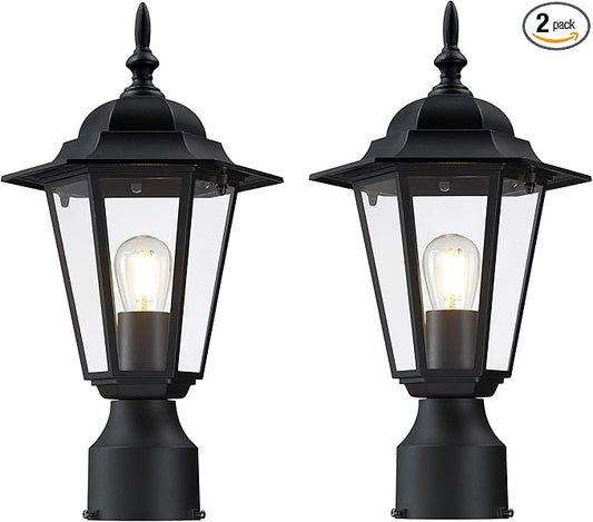 Outdoor Post Light, Pole Lantern, Waterproof Die-Cast Aluminum Pole Light Fixture with Glass, Exterior Post Lamp for Garden Yard Patio Pathway, Matte Black, 2-Pack