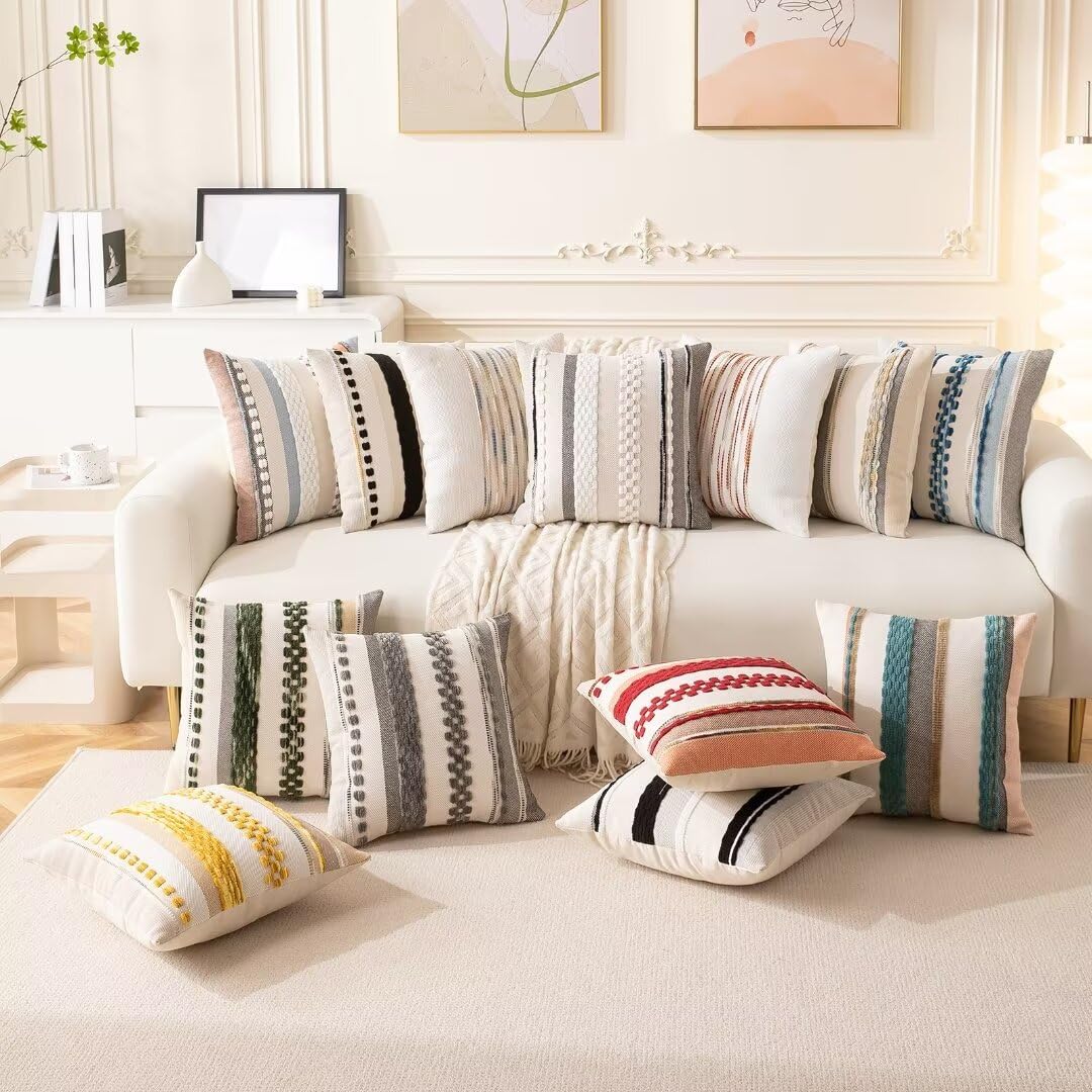 WANLIRD Boho Throw Pillow Covers 18x18 Set of 2 Farmhouse Decorative Cushion Case Striped Square Pillows Cover Chenille Pillow Cases Accent Neutral Pillowcase for Sofa Couch Bed,Gray