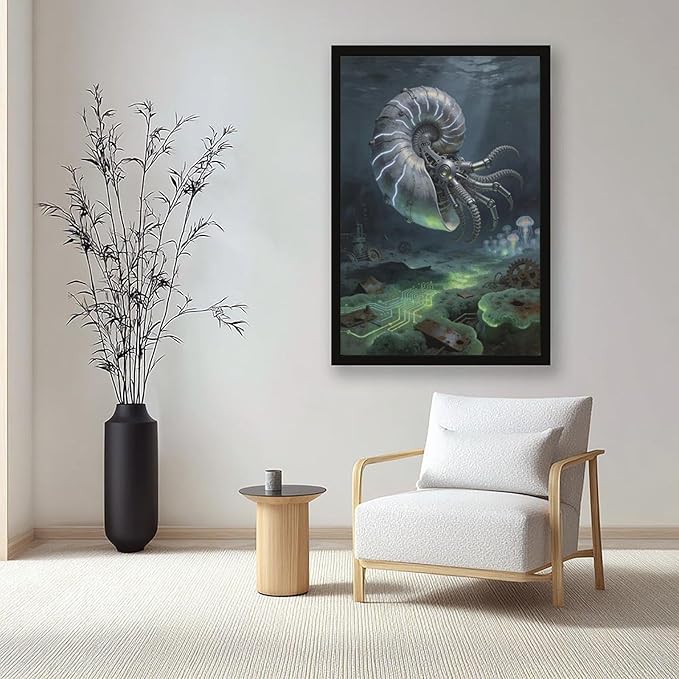 Framed Steampunk Mechanical Nautilus Wall Art - Underwater Industrial Poster for Man Cave Studio Decor 24x36in
