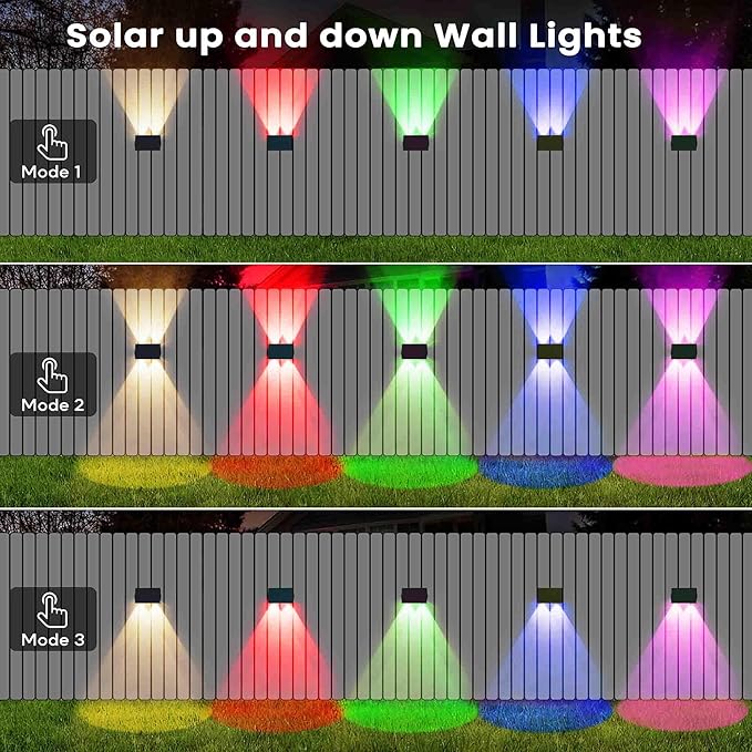 Fence Lights Solar Powered, 12-Pack Solar Fence Lights Up/Down Flexible Buttons, IP67 Waterproof for Outdoor, 100LM Bright, Auto Dusk to Dawn for Wall/Stairs/Yard/Railing/Deck/Pathway (White & RGB)