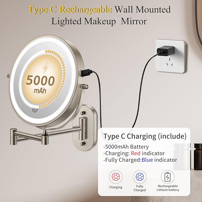 FUNTOUCH 3X/20X Wall Mounted Lighted Makeup Mirror,5000mAh Rechargeable Double Sided Magnifying Bathroom Mirror with Lights,3 Color Lighting,Touch Dimmable,Extended Arm 360 Rotation Light up Mirrors