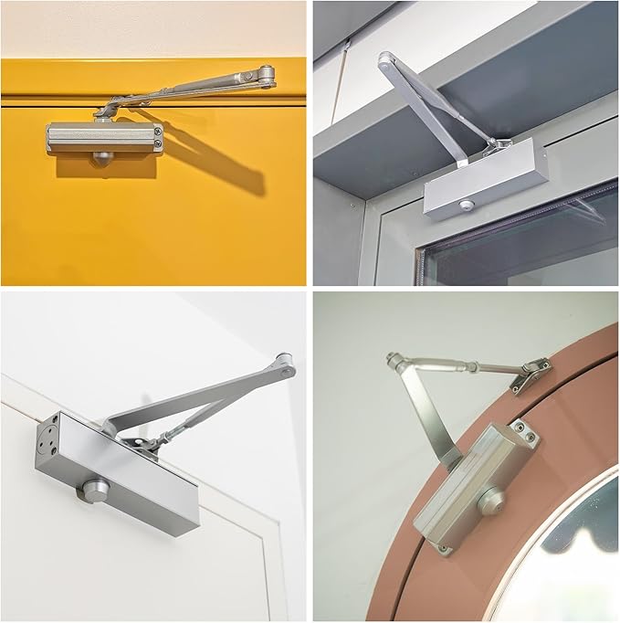 MECCANIXITY Door Closer Automatic Door Closer for 65-85kg Outdoor Internal Metal Wooden Doors,90D Medium Duty Spring Hydraulic Auto Door-Closer Automatic Adjustable Closer(Silver,Aluminum)