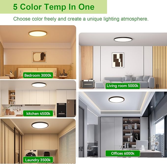hunhun 3200lm LED Flush Mount Ceiling Light 28W 12 Inch 5CCT Adjustable Super Slim 0.87 inch led Ceiling Light Fixture Round Ceiling Lamp for Bedroom Living Room Kitchen Laundry Black