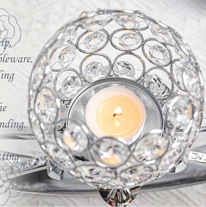Set of 3 Gold Crystal Tea Light Candlestick Holders Flower Shape with Crystal Pendant Bowl Votive Metal Candle Holder for Table Centerpieces Wedding Home Decor (Set of 3, Silver)