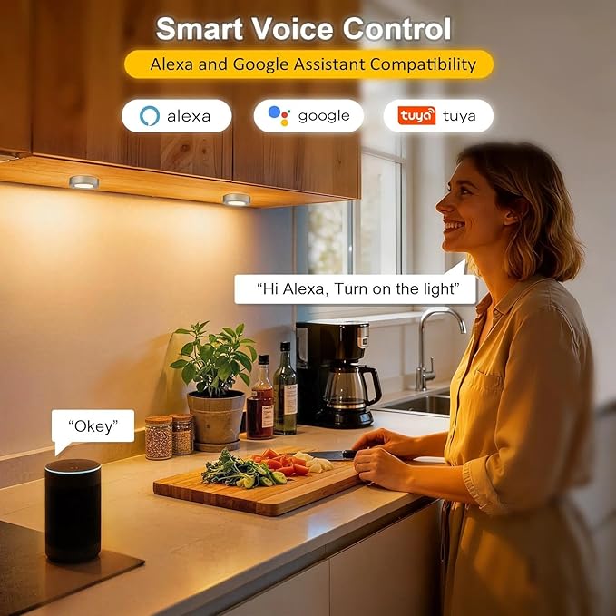 Smart Under Cabinet Lights Plug In, 6 Pack LED Puck Lights with App and Remote Control, CCT Tunable 2700K-7000K, Compatible with Alexa and Google Home, Dimmable Wired Lighting Kit for Kitchen,CRI 90+