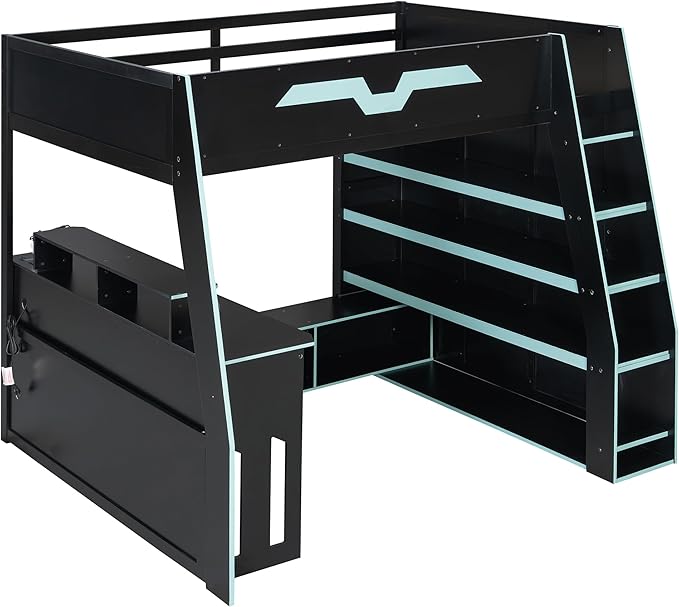 LUMISOL Full Size Wood Loft Bed with Desk and Multi-Storage Shelves, Gaming Loft Bed with RGB LED Lights and Adjustable Desk Placement, Space-Saving Game Bedframe with Under-Bed Storage, Cloud Blue