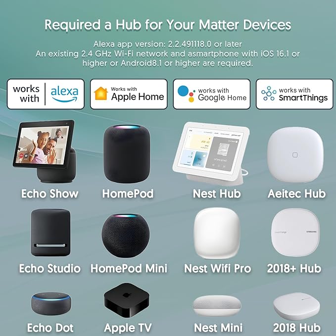 Smart Plug, Matter Compatible, Matter Hub Required, Easy Setup(FFS:Frustration-Free Setup), Work with Alexa, Google Home, Apple HomeKit(Siri)& SmartThings, 2.4 GHz Wi-Fi only (1 Pack)