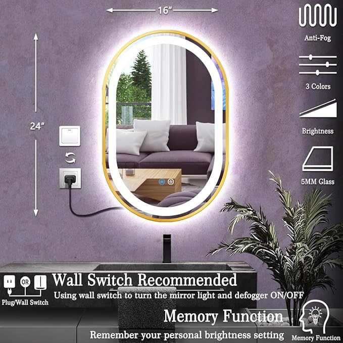 16 x 24 Inch Gold Oval LED Vanity Mirror with Lights Smart Memory 3 Color Dimmable Anti-Fog 24 Inch Gold Frame Oval Lighted Mirror for Bathroom Wall LED Ovals Mirror with Lights Golden Frame
