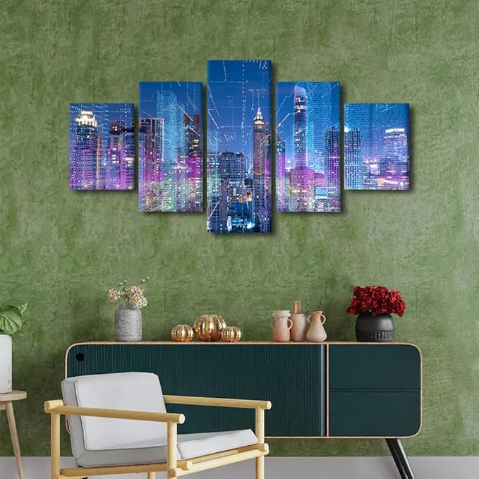 Canvas Wall Art for Office 5 Panel Smart City Poster Modern Home Decoration Artwork Digital Transformation Picture Printing Men Living Room Wall Decor Big Data Worker Bedroom Decorate 60x32 Inch