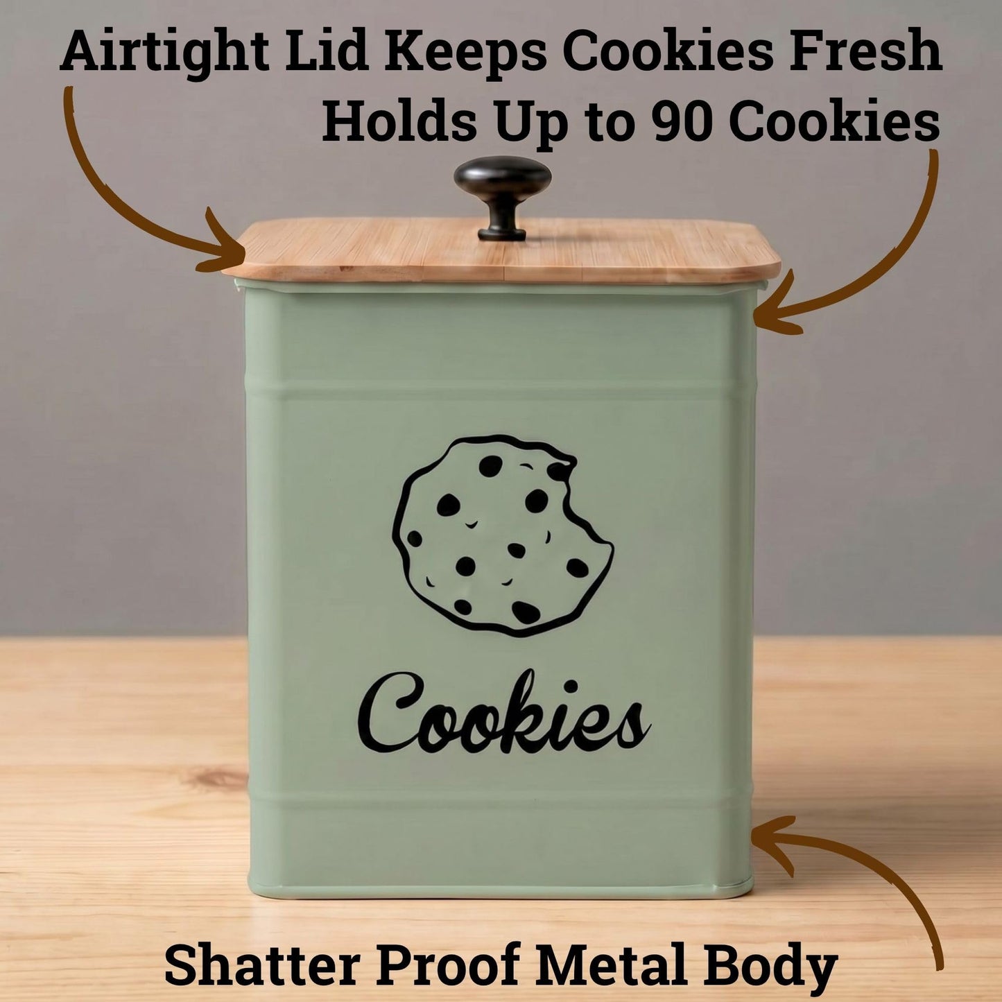 Cookie Jar with Airtight Lid - 1 Gallon - 6"D x 8""H Green Iron Cookie Tin with Bamboo Lid - Large Cookie Jars with Lids Airtight - Farmhouse Cookie Jars for Kitchen Counter Decorative - Cookies Jar"