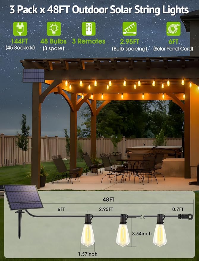 144FT(3x48FT) Solar Outdoor String Lights with Remote & Timer, Waterproof Dimmable Patio Lights with 45+3 ST38 LED Bulbs for Porch Party-Black