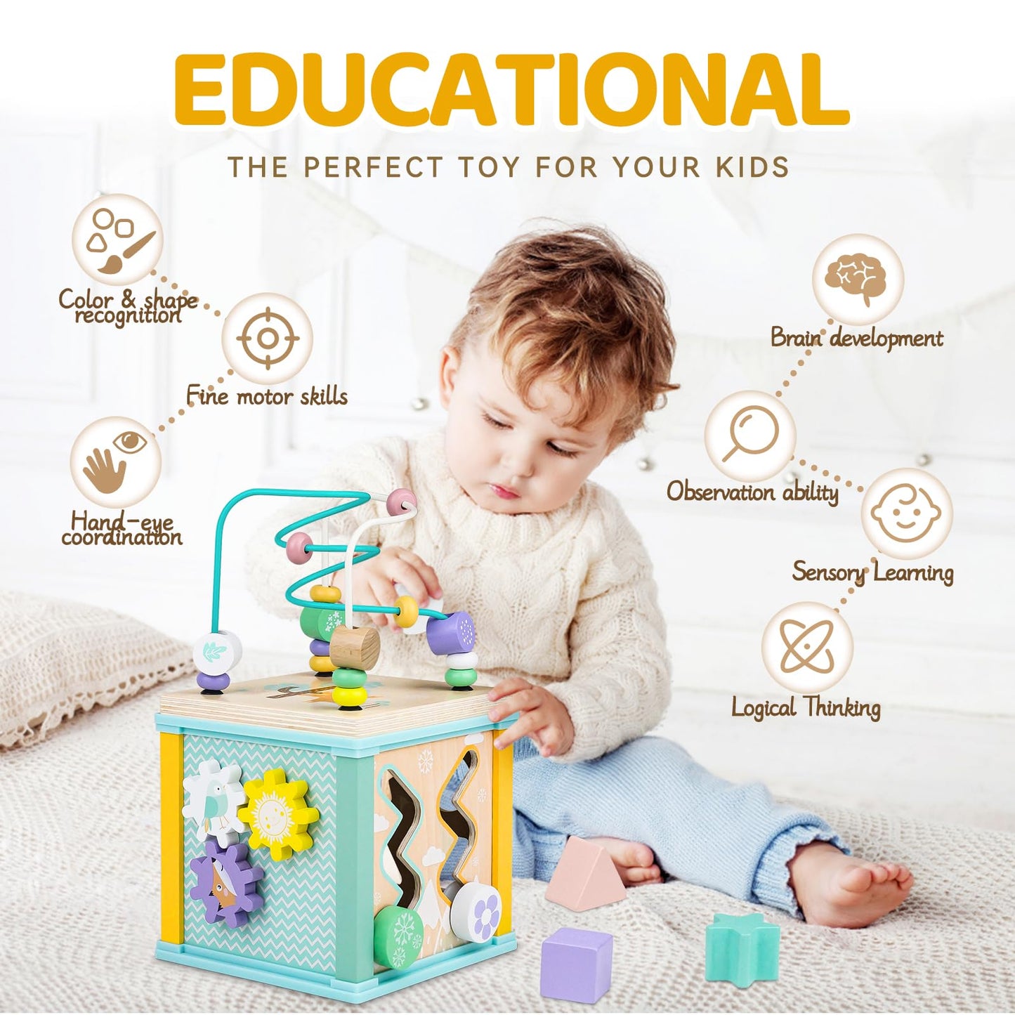 Wooden Activity Cube Montessori Toys for 1 2 3 Year Old Baby Toys 12 Months Toddlers 1-3 Birthday Gift Boys Girls Sensory Interactive Learning Toys