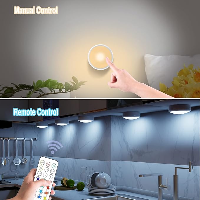 ILYXY Puck Lights With Remote, 3 Pack LED Under Cabinet Lighting, Dimmable Push Battery Operated Wireless Under Counter for Kitchen, Multicolor Transformation Stick On, Shiny White
